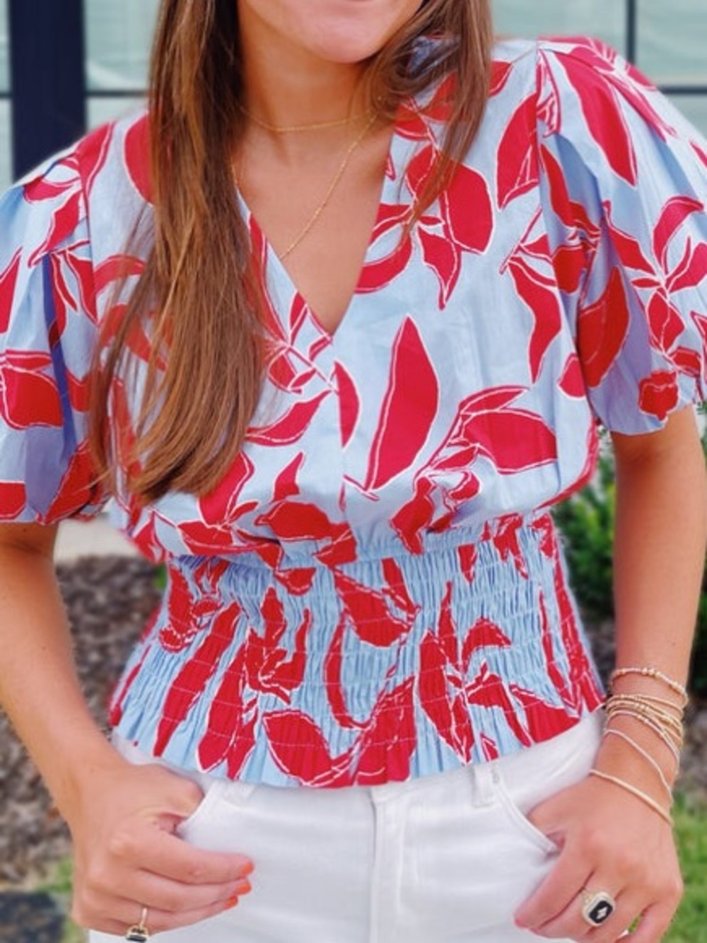 Pinch Red Leaf Print Puff-Sleeve Top on Light Blue